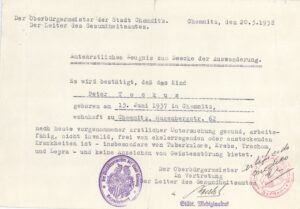 Certificado de Salud para emigrar, emitido en Chemnitz, Alemania, 20 de mayo de 1938.