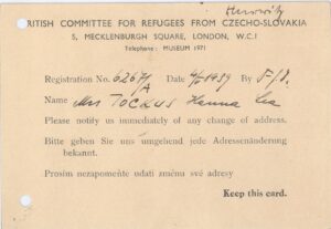 Tarjeta de identificación del Comité Británico para Refugiados de Checoslovaquia