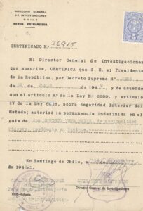 Certificado de permanencia en Chile de Ernesto Yung