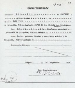 Certificado de nacimiento de Klaus (Nicolás) Markiewitz, solicitado en 1938 para emigrar a Chile.
