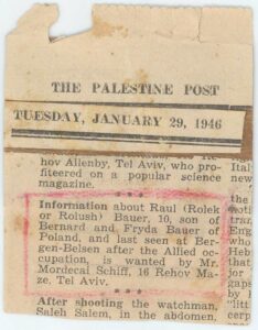 Recorte de prensa, 1946, aviso publicado por Bernardo y Fryda Bauer en el Diario "The Palestine Post" en búsqueda de su hijo (quien nunca apareció).