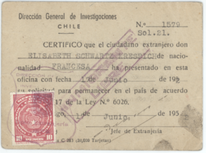 Autorización de permanencia en Chile de Elisabeth Schwartz. 1952.