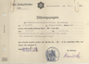 Certificado de antecedentes de Martin Rosenberg, emitido en Alemania, 1938.