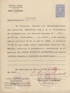 Autorización de permanencia en Chile, de Martin Rosenberg. Santiago, Chile, 1949.
