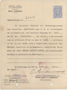 Autorización de permanencia en Chile, de Regina Bendit. Santiago, Chile, 1949.