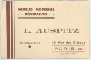 Tarjeta de la tienda de mueblería y decoración de Ladislao Auspitz. París, Francia.
